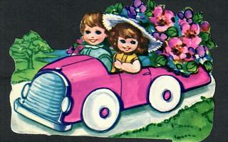 EO 8020 - Lapset ja kukat pinkinvärisessä autossa - Agathon!