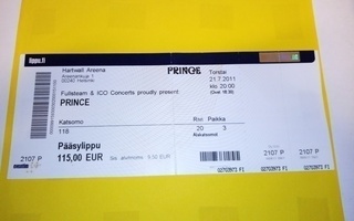 Käyttämätön pääsylippu PRINCE HARTWALL AREENA 21.7.2011