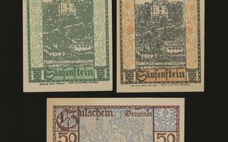 Itävalta Notgeld 10, 20, 50 Heller, Säusenstein 1920