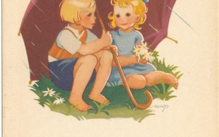 Martta WENDELIN - Lapset sateenvarjon alla - vanha kortti