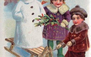 Vanha joulukortti- lapset ja lumiukko