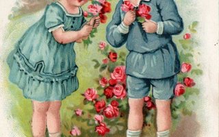 Vanha postikortti -lapset poimineet kukkia
