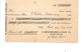 ASIAPAPERI KOTKA SAASTAMOINEN & POJAT            KUITTI 1943