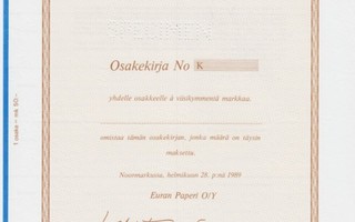 1989 Euran Paperi Oy spec, Noormarkku osakekirja