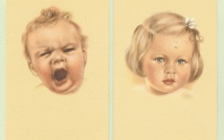 Kaksi lapsiaiheista postikorttia vuodelta 1947