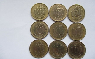 10 penniä 1963 - 1982 = 9 kpl eri vuosilta