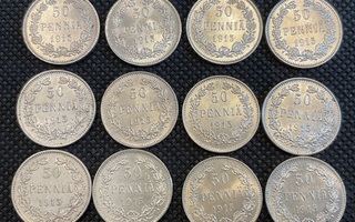 12 x 50 penniä 1915 hopeaa