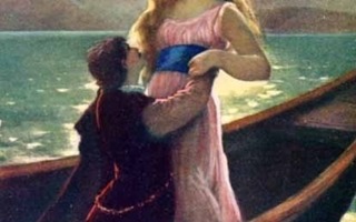 RAKKAUS / Mies polvillaan tytön edessä veneessä. 1910-l.