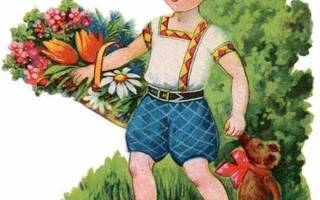 WANHA / Polvihousuinen poika, nalle ja kukkia. 1930-40-l.
