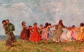 LAPSET / Tytöt pyörivät piiriä kesäisellä niityllä. 1900-l.