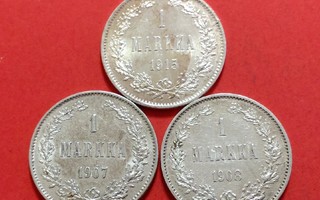 1 markka 1907, 1908 ja 1915. Hyvä kunto. (KD22)