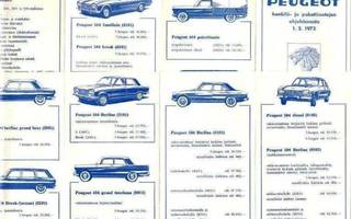 1973 Peugeot hinnasto esite -  KUIN UUSI - suom - 8 sivua