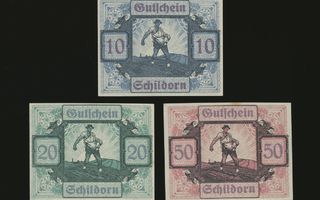 Itävalta Notgeld 10, 20, 50 Heller, Schildorn 1920