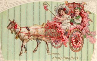 Vanha postikortti- lapset kukkakärryissä