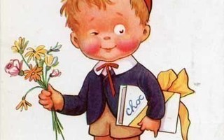 HUUMORI / Silmää vinkkaava poika, suklaata ja kukat. 1920-l.