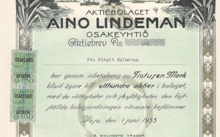 1953 Kalastustarvikeyhtiö Aino Lindeman Oy, Vaasa osakekirja