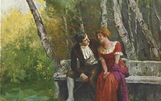 Vanha kortti: Rakastunut pari puiston penkillä, 1920