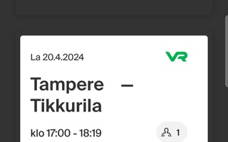 Junalippu Tampere - Tikkurila la 20.4.2024
