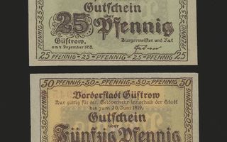 Saksa Notgeld 25, 50 Pfg, Güstrov 1918