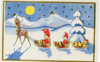 Joulu - Vanha ruotsalainen postikortti Lapset kelkalla bambi
