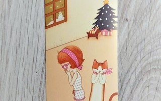 Kirjanmerkki, kissa ja tyttö, 16,2 cm X 7 cm