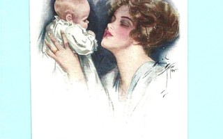Vanha kortti: Kaunis nainen ihailee lastaan, 1919