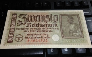Natsi Saksa 20 RM Hakaristi seteli 1940-45 PR139 sn532