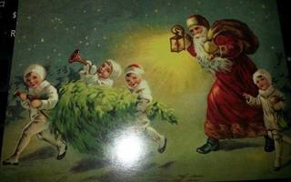 Nostalgia joulukortti : joulupukki ja tontut kuusenhaussa