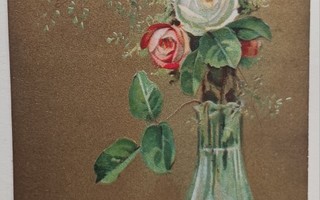 Ruusuja ja harsokukkia maljakossa, kullattu tausta, p. 1929