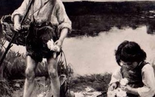 KALA / Kalastajapoika ja seppelettä sitova tyttö. 1900-l.