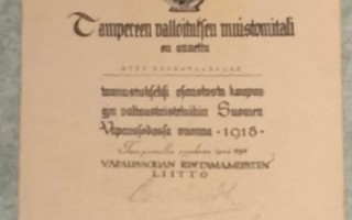 Tampereen valtauksen muistomitalin myöntökirja + mitali