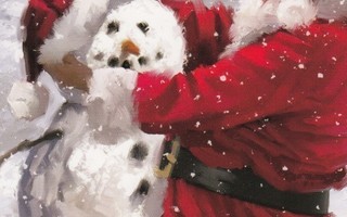 Joulupukki laittaa lumiukolle tonttulakin