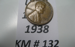 U.S.A   1 Cent 1938  KM # 132  Pronssi  "Lincoln - Wheat Pen