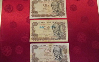 Espanja 3 kpl 100 Cien Pesetas seteli 1970.
