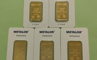 5 kpl 1 unssi (31,1 g) 9999 kulta laattaa, Metalor Sveitsi.