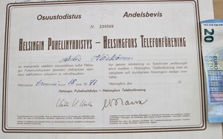 VANHA Osuustodistus HPY Puhelinyhdistys Helsinki 1971