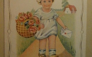 Pikkuleidi tuo korillisen kukkia ja kortin, p. 1938 + rivil.