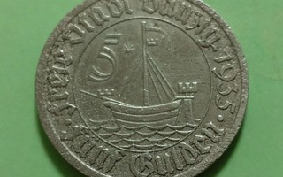 Danzig, Saksa, Puola. 5 Gulden 1935. Röpelöinen. Laiva.