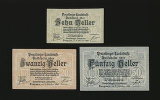 Itävalta Notgeld 10, 20, 50 Heller, Bregenz 1919