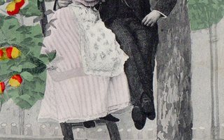 Vanha postikortti- nainen tarjoaa miehelle omenan