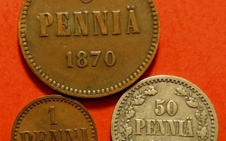 1 penni 1866, 5 penniä 1870 ja 50 penniä 1868. (KD5)