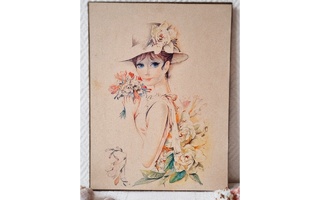 Vintage 20-luvun Tyylinen 'Tyttö ja Kukat'-taulu