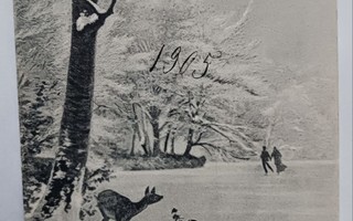 Luistelijat talvisella lammella, peura katselee, p. 1905