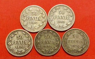 5 x 50 penniä: 1864, 1865, 1871, 1872 ja 1874.  (KD33)