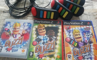 buzz ohjaimet sekä 3 peliä PS2/PS3