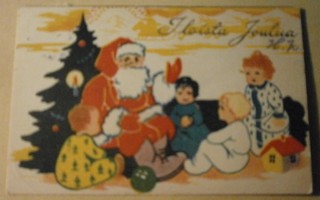 Lapset ja joulupukki kuusen alla, pikkukortti, p. 1935
