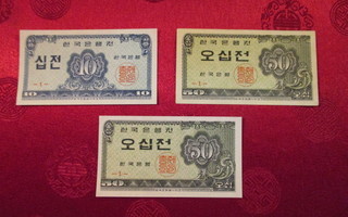 Etelä-Korea seteleitä 3 kpl. 50 Jeon ja 10 Jeon 1962.