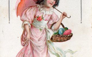 Vanha pääsiäiskortti-kaunis neito ja tiput, koho