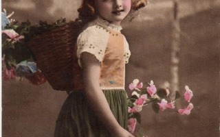 LAPSI / Vihreähameinen tyttö, reppu ja orkideat. 1900-l.
