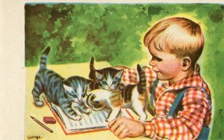 Lapsi - Poika ja pienet kissat - Kortti 1940-50-luvulta